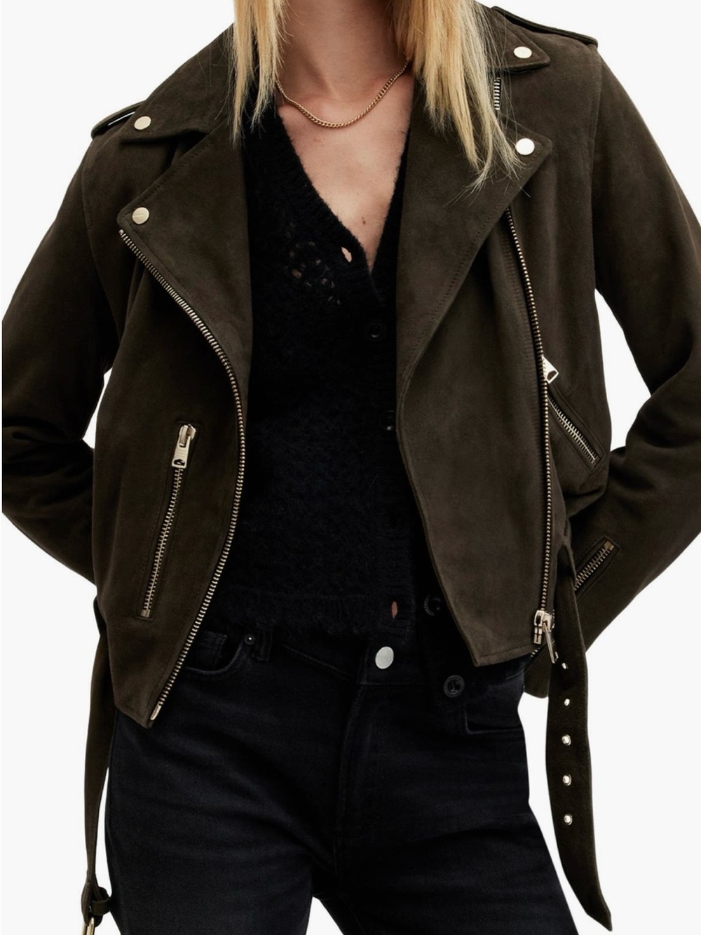 AllSaints Olive Suede Moto Jacket